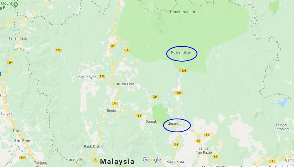 Jerantut and Kuala Tahan on the map